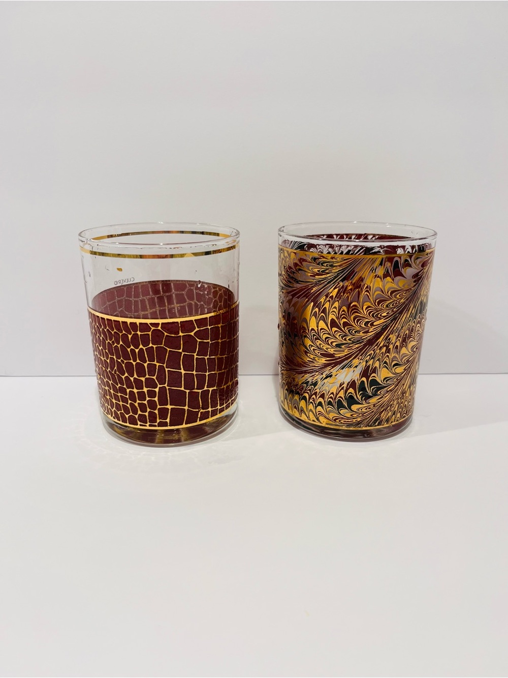 Vintage Culver 24K Gold “Peacock Swirl” & “Crocodile” Pattern Low Ball Glasses